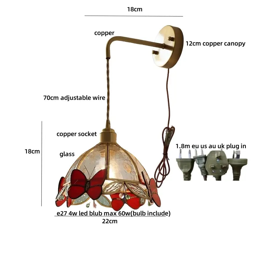 Antique brass butterfly glass led wall lights with decorative copper sconce and red gold stained glass shade for bedroom decorbites butterfly glass