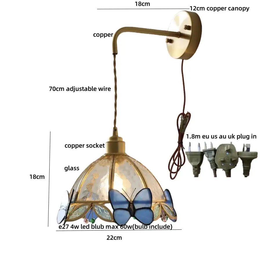 Antique brass butterfly glass led wall lights featuring a decorative copper sconce with blue butterfly motifs