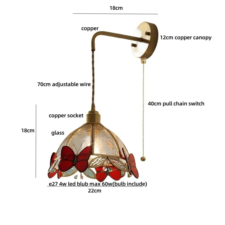 Antique brass butterfly glass led wall lights with copper finish and stained glass shade featuring red and gold butterfly motifs