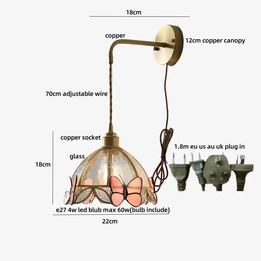 Antique brass butterfly glass led wall light with copper finish and stained glass pink and clear butterfly shade for decorbites wall lights