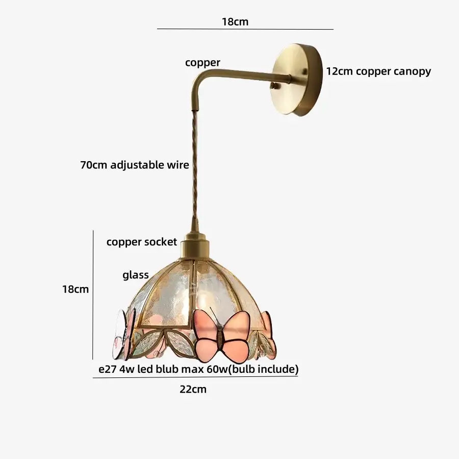 Antique brass butterfly glass led wall lights featuring a copper finish and stained glass shade with pink butterfly motifs