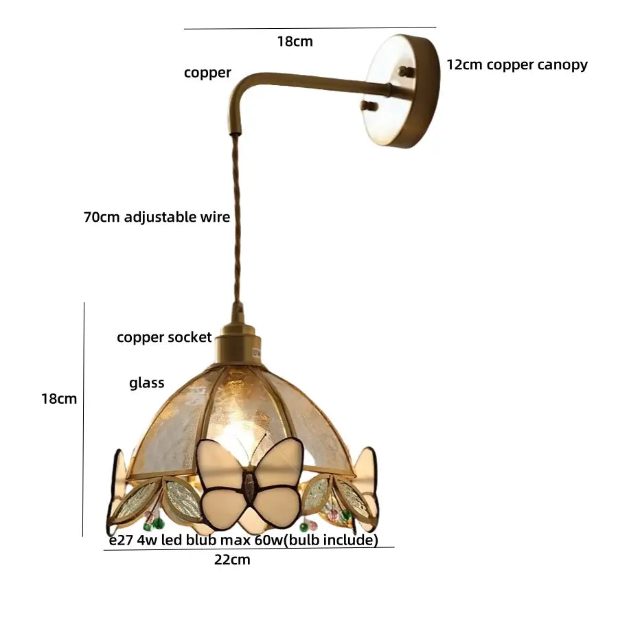 Antique brass butterfly glass led wall lights featuring a stained glass shade with butterfly and leaf details for decorbites wall lights