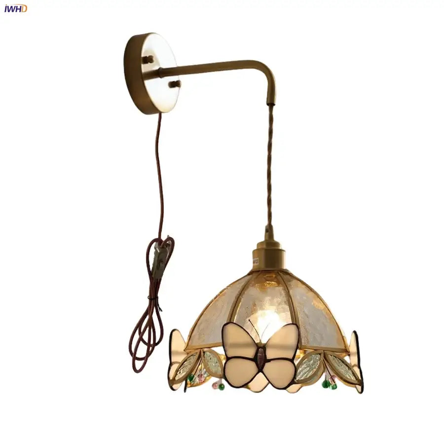 Antique brass butterfly glass led wall lights with stained glass dome and green bead accents for bedroom decorbites wall lights