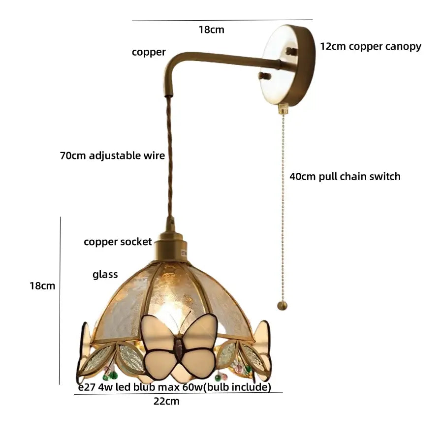 Antique brass butterfly glass led wall light with stained glass butterfly motif and adjustable copper wire sconce