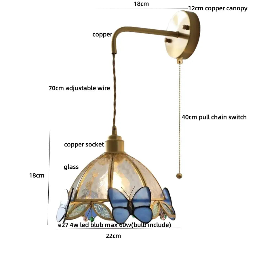 Antique brass butterfly glass led wall lights with stained glass blue and clear butterfly motifs for bedroom decorbites