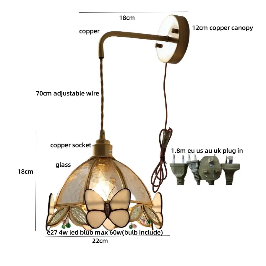Antique brass butterfly glass led wall lights featuring a copper sconce with stained glass dome for bedroom decorbites butterfly glass