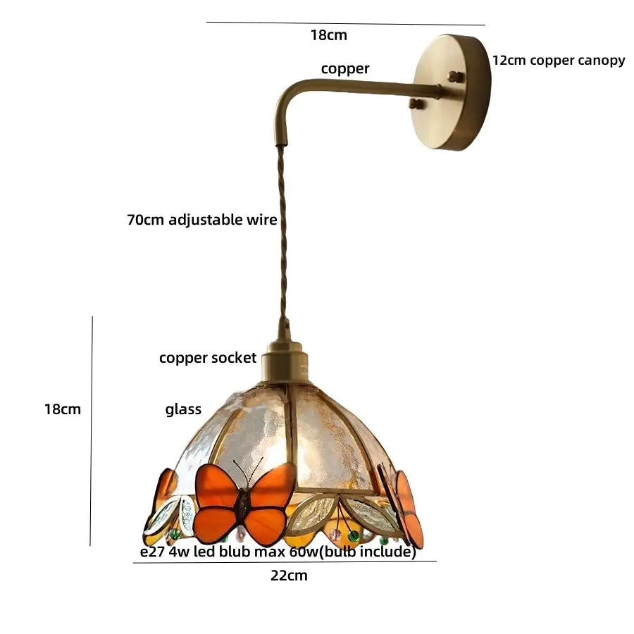 Antique brass butterfly glass led wall light with stained glass pendant, copper hardware, and adjustable wire decorbites butterfly glass
