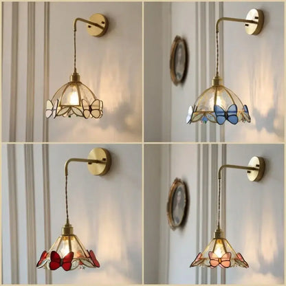 Antique brass butterfly glass led wall light with stained glass sconce and curved arm for bedroom decorbites butterfly glass