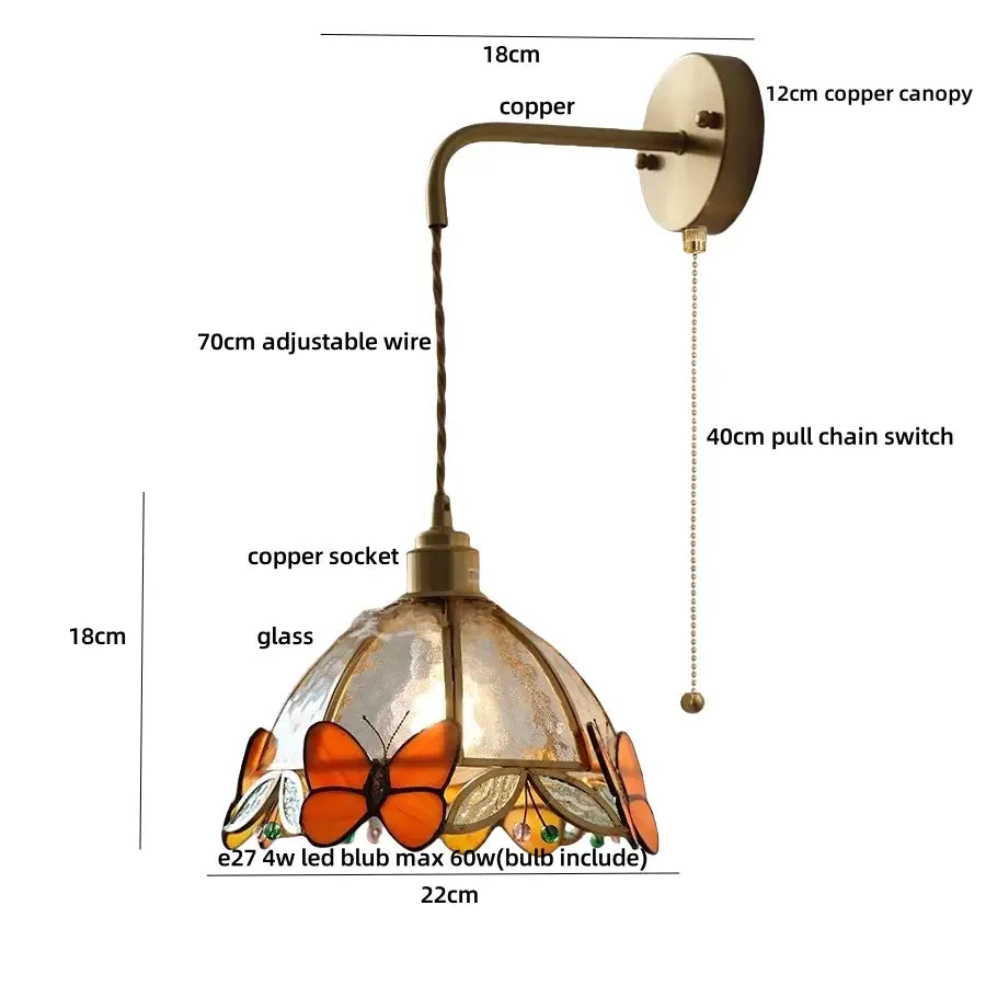 Antique brass butterfly glass led wall lights featuring a vintage copper sconce with an orange butterfly stained glass shade