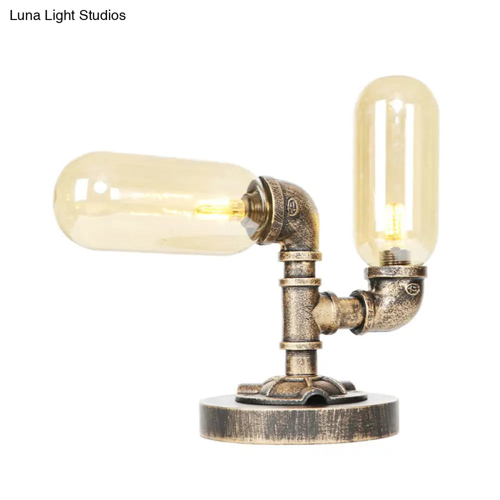 Lámpara de escritorio antigua de latón con forma de cápsula/globo - Cristal transparente/ámbar, ideal para la sala de estar