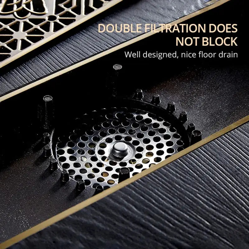 Black and gold double filtration floor drain cover with perforated metal grate antique brass carved floral design
