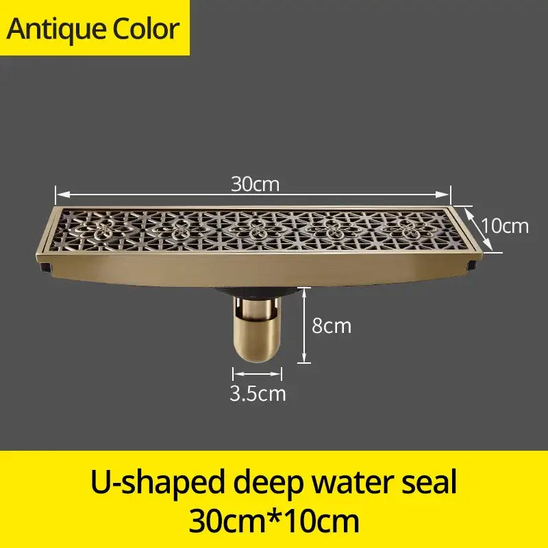 Antique brass carved floral floor drain cover with intricate grille and u-shaped deep water seal for bathroom deodorant