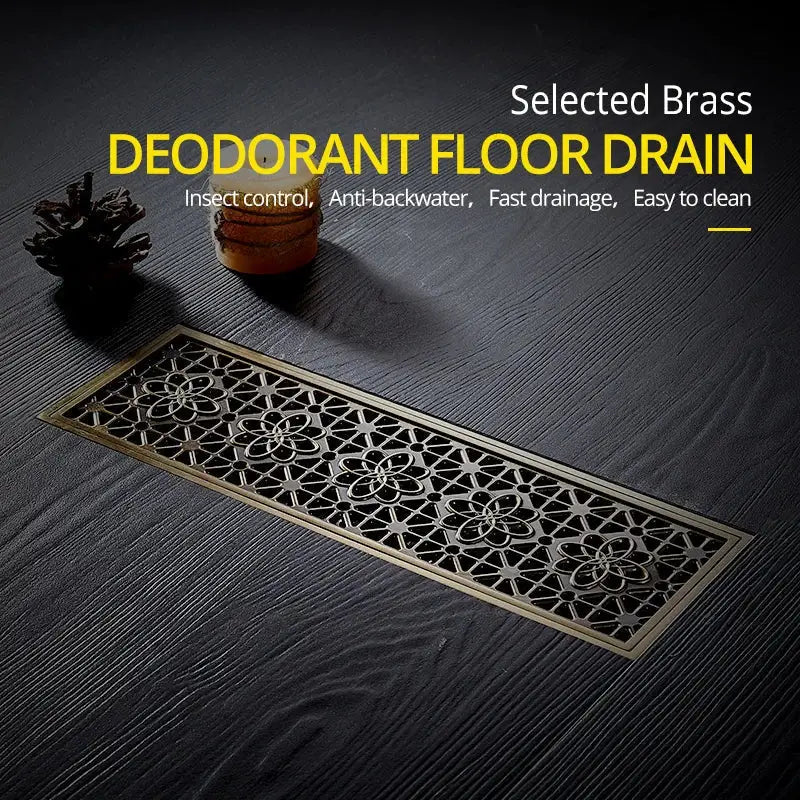 Antique brass carved floral floor drain cover with ornate lattice design for bathroom deodorant use