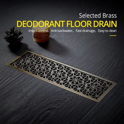 Antique brass carved floral floor drain cover with ornate lattice design for bathroom deodorant use