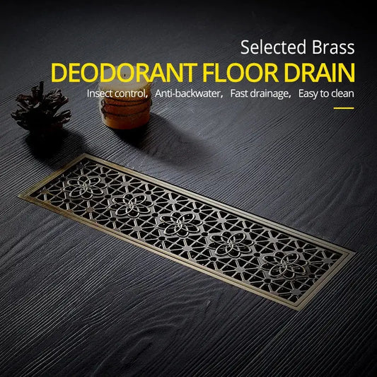 Antique brass carved floral floor drain cover with ornate lattice design for bathroom deodorant use