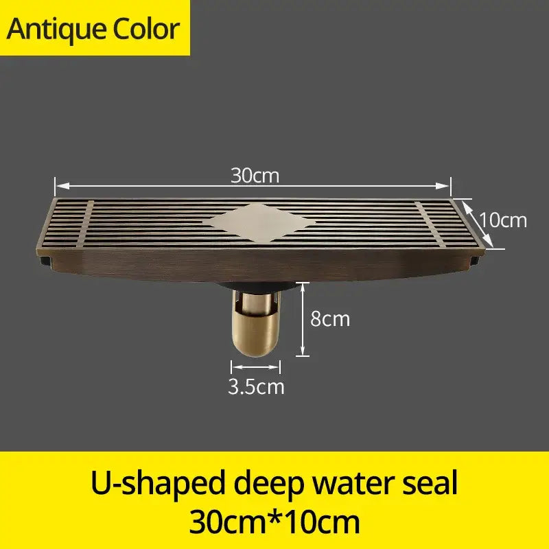 Antique brass carved floral floor drain cover with diamond center and u-shaped deep water seal for bathroom use