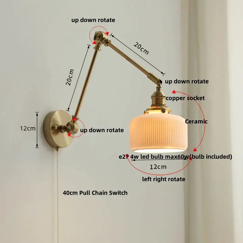 Adjustable antique brass wall light with ribbed ceramic copper led shade and copper socket for bedroom decorbites ceramic copper use