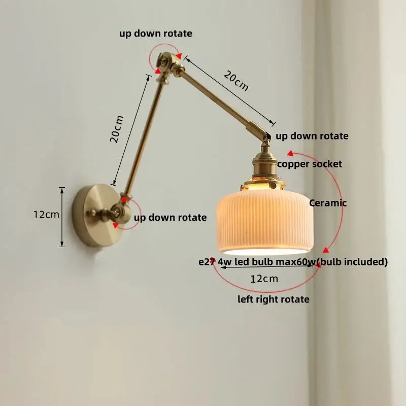 Adjustable antique brass wall light with ribbed ceramic copper led shade ideal for bedroom decorbites ceramic copper lighting