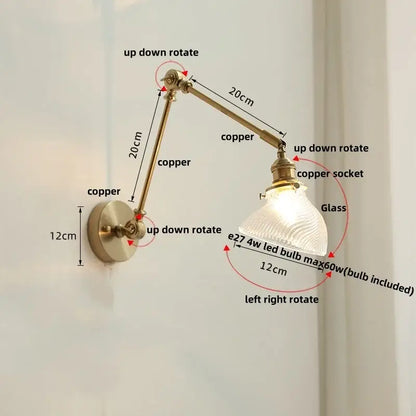 Adjustable antique brass ceramic copper led wall light with textured glass shade for bedroom decorbites ceramic copper sconce