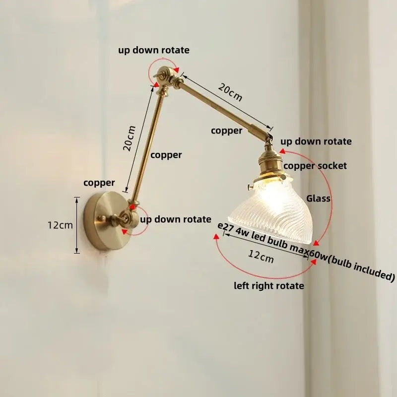 Adjustable antique brass ceramic copper led wall light with textured glass shade for bedroom decorbites ceramic copper sconce