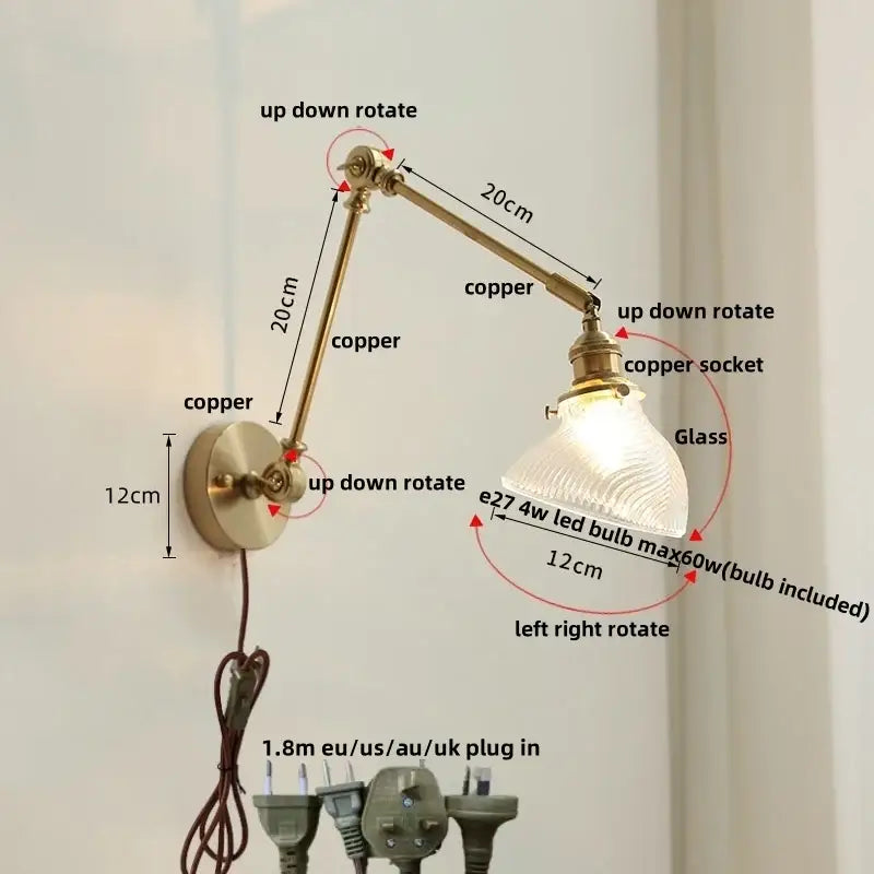 Adjustable antique brass ceramic copper led wall light with textured glass shade for bedroom decorbites ceramic copper sconce