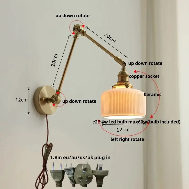 Adjustable antique brass ceramic copper led wall light with ribbed ceramic shade and included led bulb for bedroom decorbites