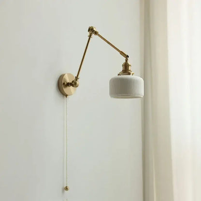 Antique brass ceramic copper led wall light with adjustable brass finish and white ribbed glass shade for bedroom decorbites ceramic copper