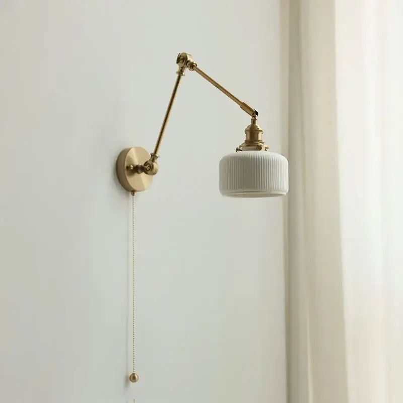 Antique brass ceramic copper led wall light with adjustable brass finish and white ribbed glass shade for bedroom decorbites ceramic copper