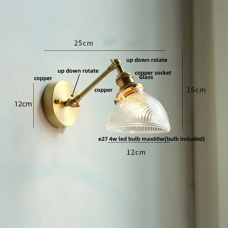 Antique brass ceramic copper led wall light with brass-finished adjustable arm and ribbed glass shade for bedroom decorbites ceramic copper