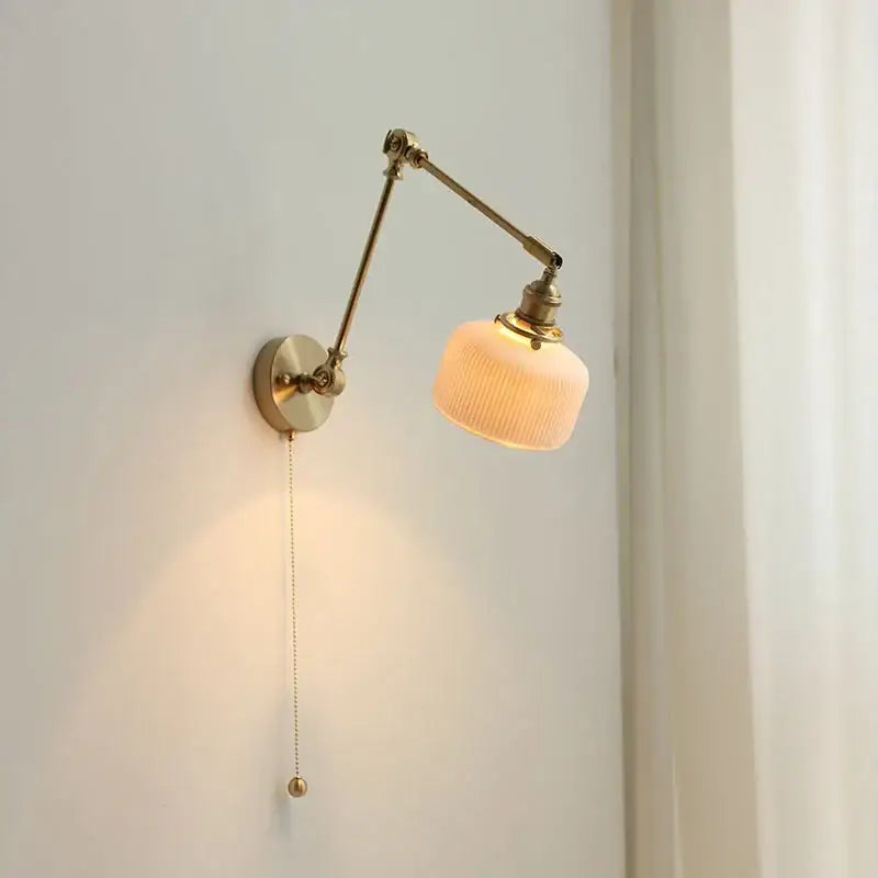Brass wall light with ribbed off-white glass shade and pull-chain switch from decorbites ceramic copper led collection
