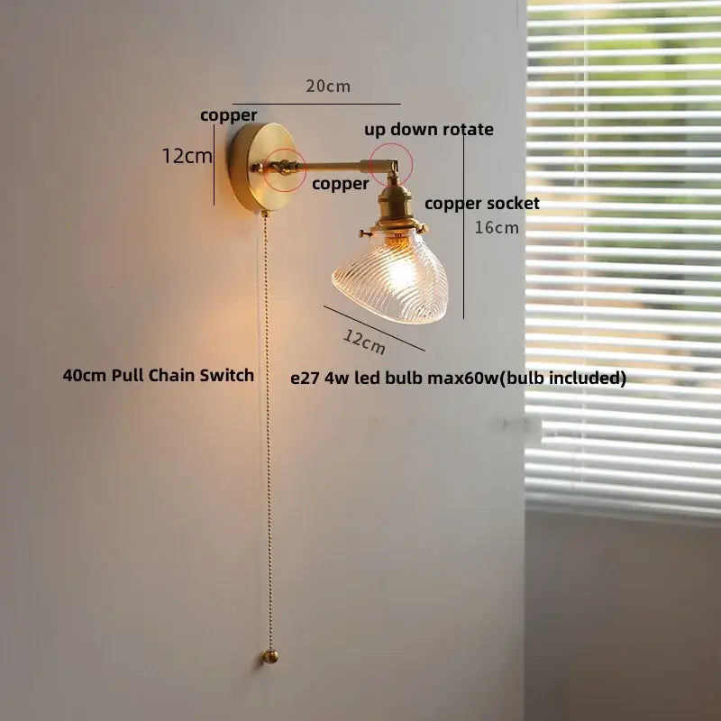 Antique brass ceramic copper led wall light with textured glass shade and up-down rotating arm for bedroom decorbites ceramic copper