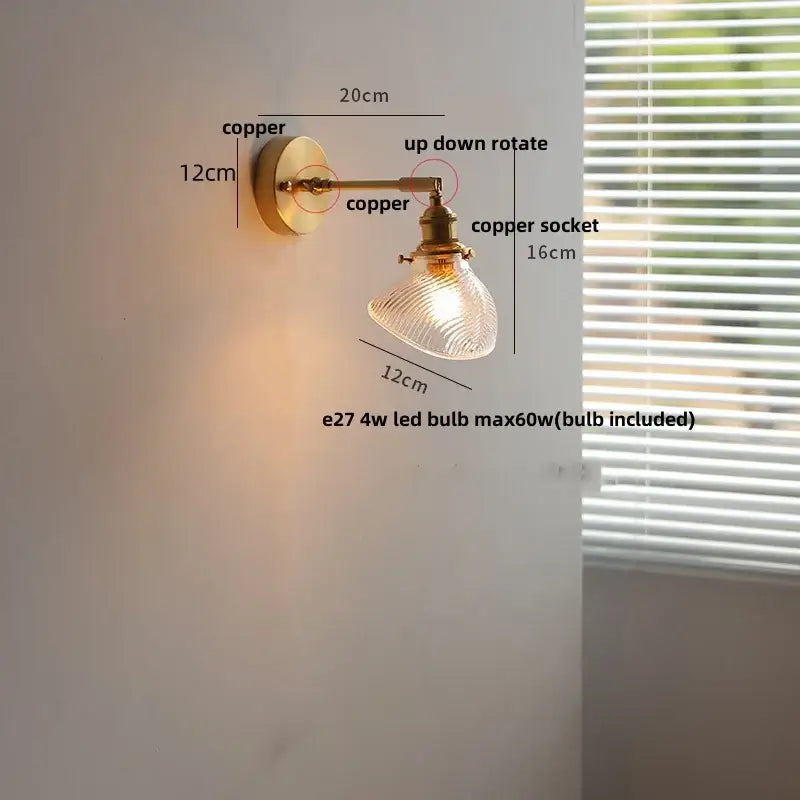 Antique brass ceramic copper led wall light with copper sconce and textured glass shade with adjustable rotation