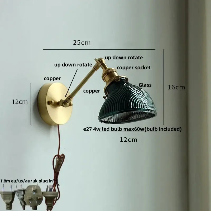 Vintage-style wall light with brass ceramic copper finish and dark green ribbed glass shade by decorbites ceramic copper led