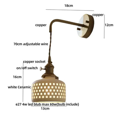 Antique brass ceramic led wall light with copper finish and white ceramic shade featuring square cutouts for bedroom decorbites ceramic led wall
