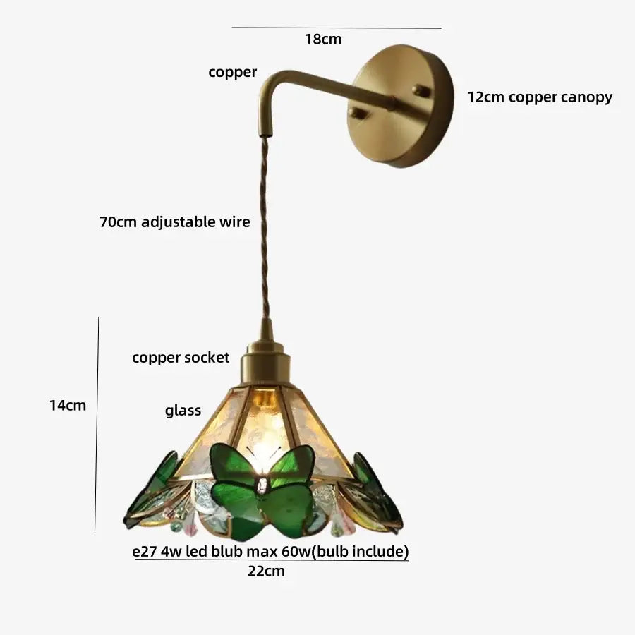 Antique brass ceramic led wall light with copper finish stained glass shade featuring green butterfly and crystal decorbites ceramic led wall