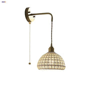 Antique brass ceramic led wall light with woven rattan shade and pull-chain switch for bedroom decorbites ceramic led wall