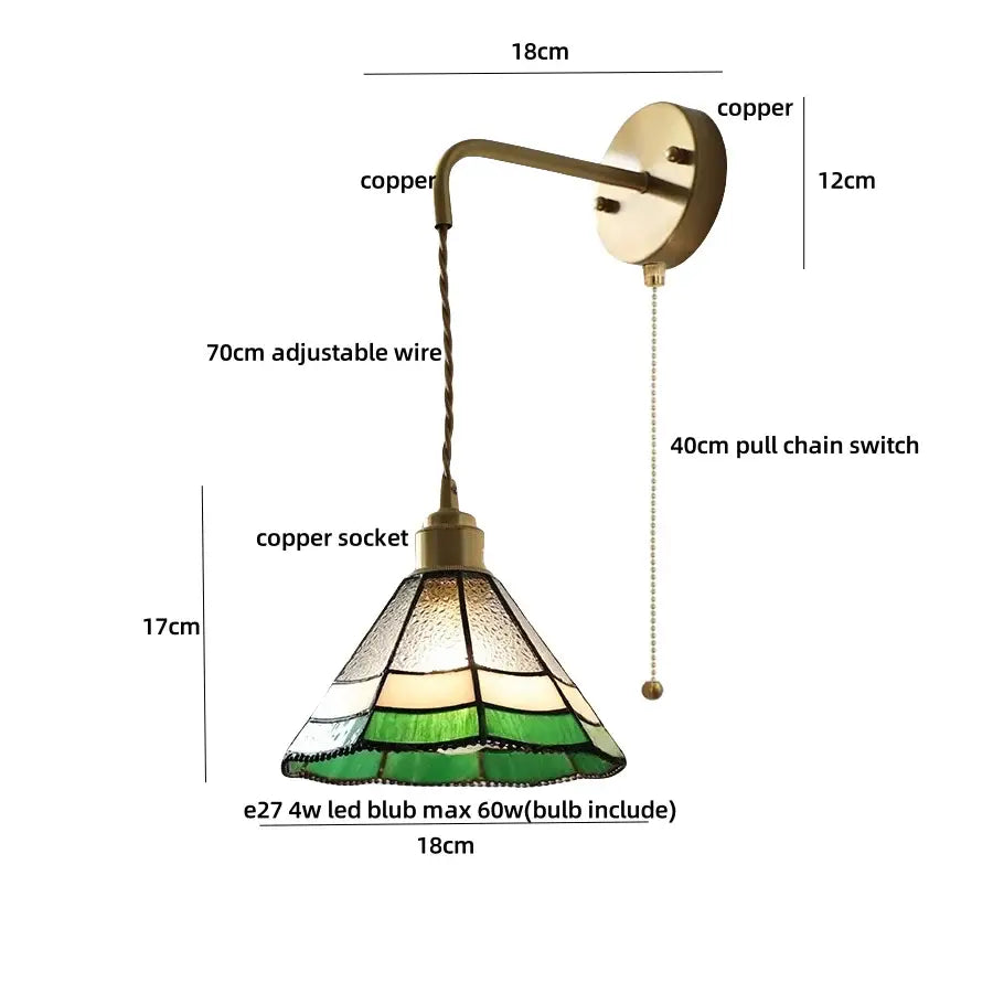 Vintage-style ceramic led wall light with copper sconce and stained glass shade in green white and amber for decorbites bedroom decor
