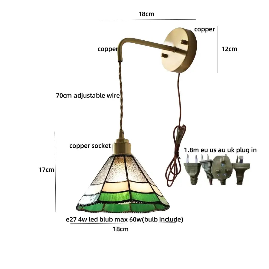 Antique brass ceramic led wall lights with vintage copper sconce and green cream stained glass shade for bedroom decorbites ceramic led wall