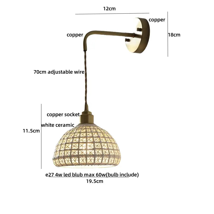 Antique brass ceramic led wall lights with a white ceramic woven lattice rattan shade for bedroom decorbites ceramic led