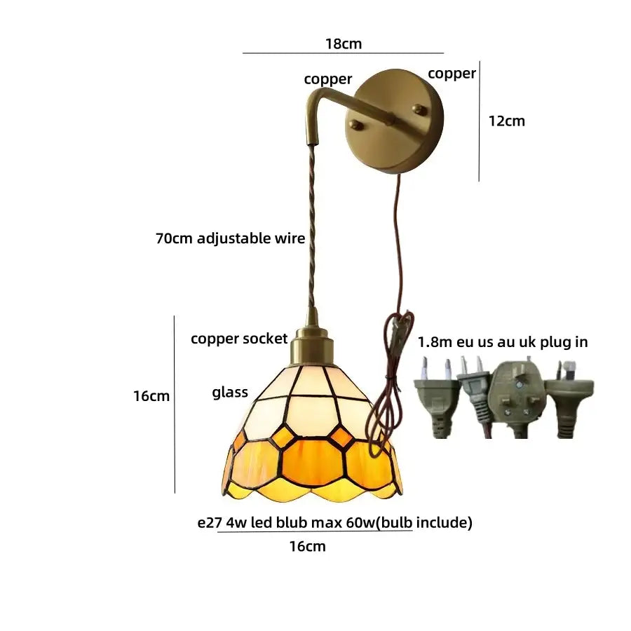 Antique brass ceramic led wall lights with vintage copper pendant and amber cream stained glass shade for bedroom decorbites ceramic led wall