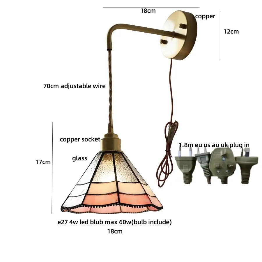Copper-finished wall lights with stained glass shade in pink peach and white as decorbites ceramic led wall light