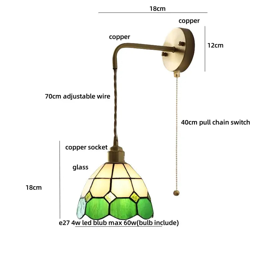 Antique brass ceramic led wall lights with copper arm and green cream stained glass shade for bedroom decorbites ceramic led wall