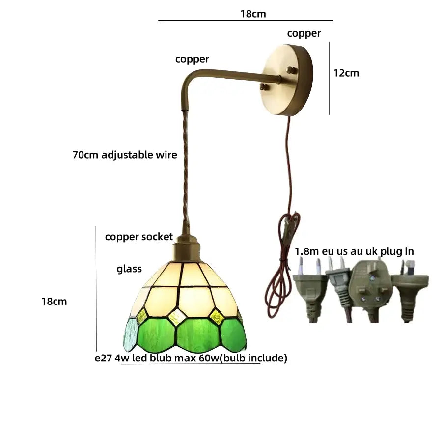 Green and cream stained glass pendant lamp with copper bracket complements decorbites ceramic led wall lights for bedroom decor