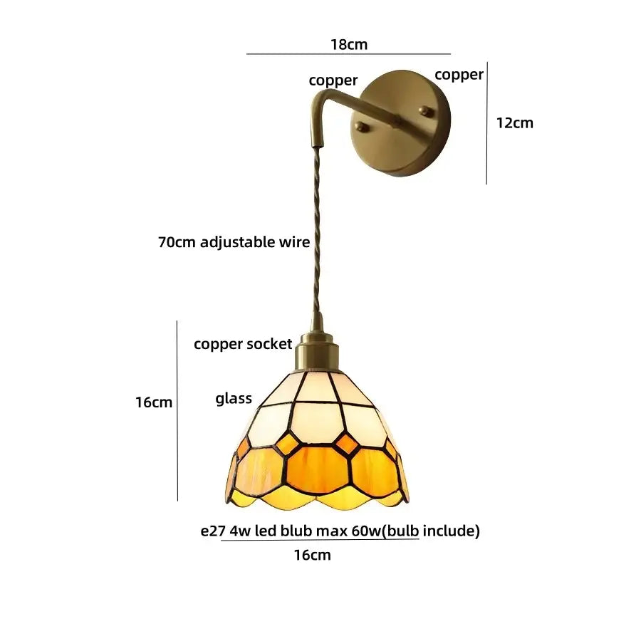 Antique brass ceramic led wall lights with rattan shade and warm toned stained glass pendant lamp with copper mount