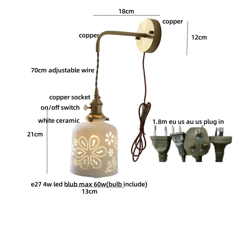 Antique brass ceramic led wall sconce with white floral ceramic led shade and adjustable copper arm for bedroom decorbites