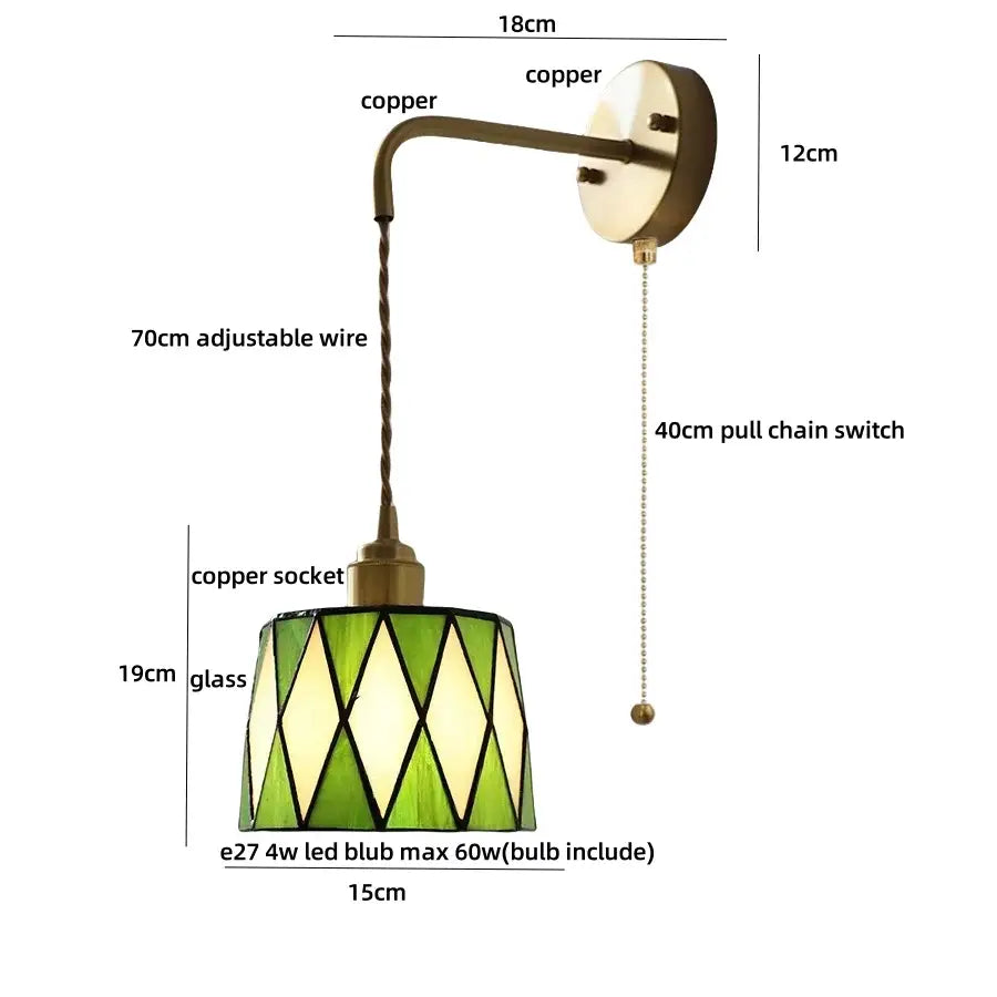 Antique brass ceramic led wall sconce with vintage copper finish and green cream stained glass floral shade for bedroom decorbites ceramic led wall