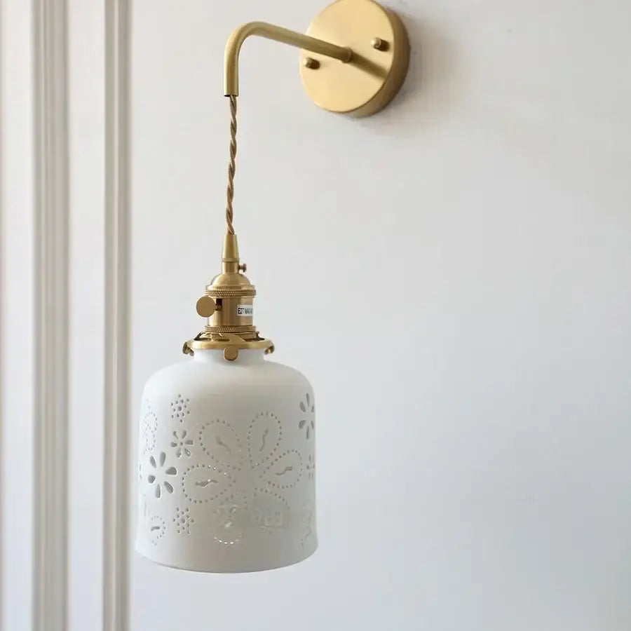 Antique brass ceramic led wall sconce with white floral shade and gold-toned metal hardware for bedroom decorbites ceramic led