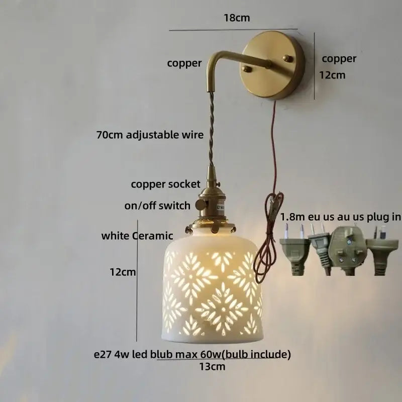 Antique brass ceramic led wall sconce with white floral cutout ceramic shade mounted on copper bracket for bedroom decorbites ceramic led