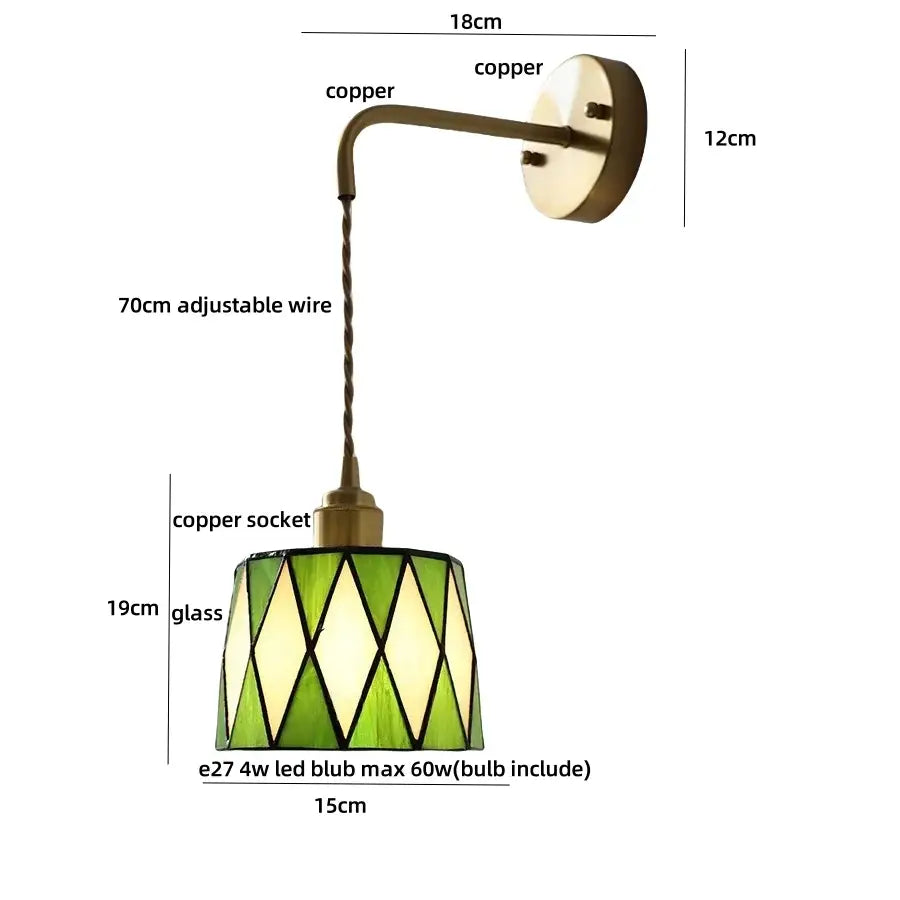Antique brass ceramic led wall sconce with vintage copper finish and green stained glass floral shade for bedroom decorbites ceramic led