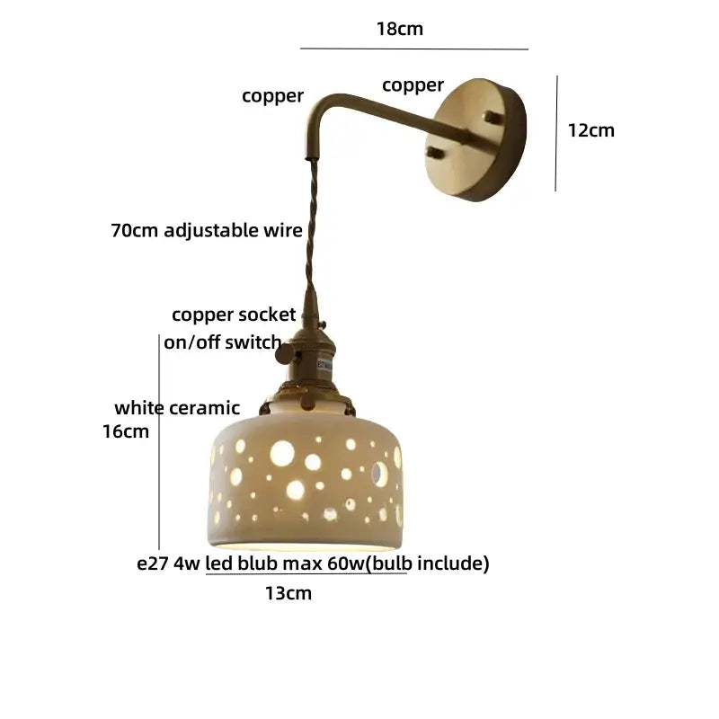 Antique brass ceramic led wall sconce with copper arm and white floral ceramic led shade for bedroom decorbites ceramic led